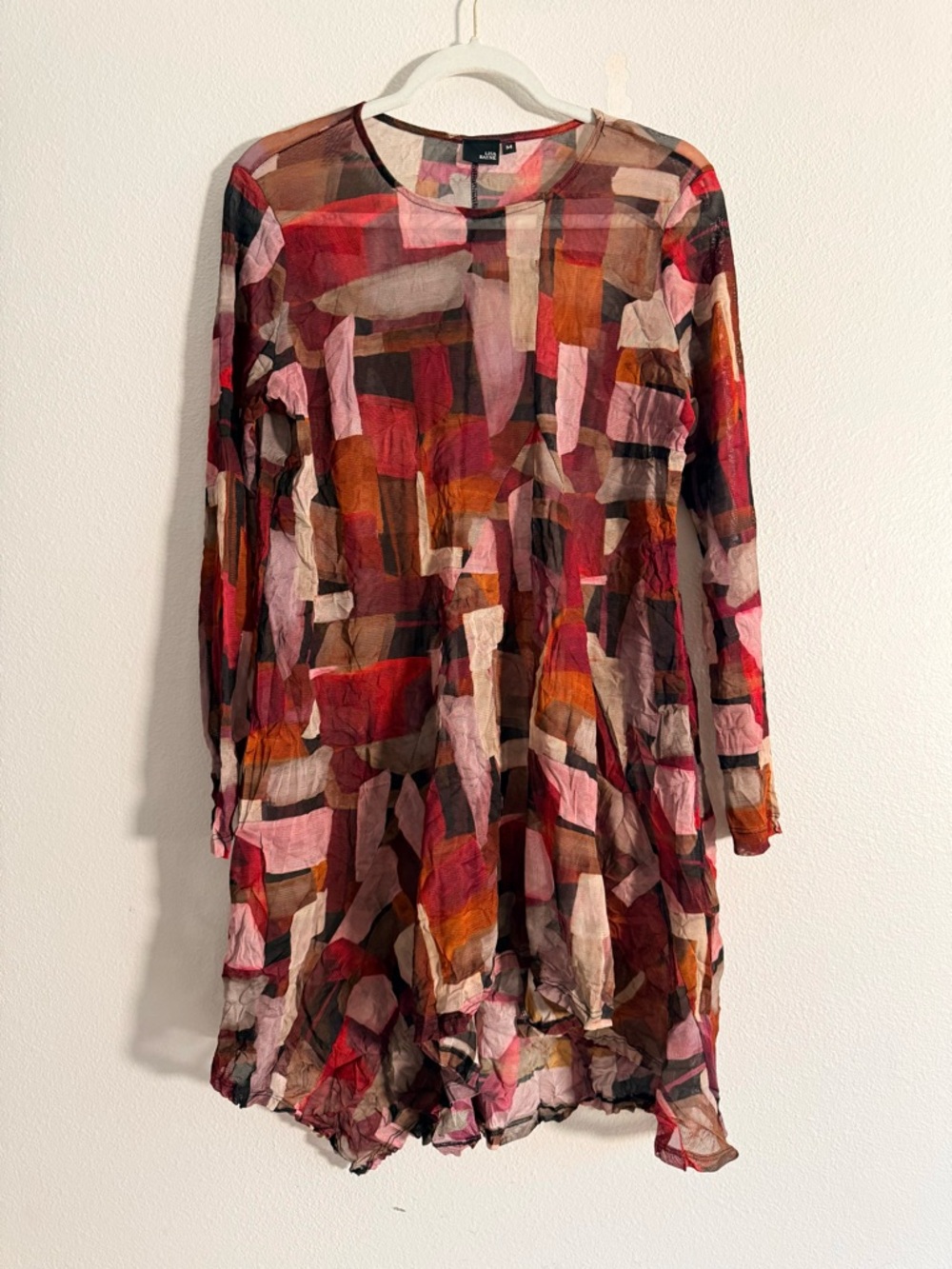 Lisa Bayne Mesh multicolor Long Sleeve  geometric semi sheer dress tunic Sz M